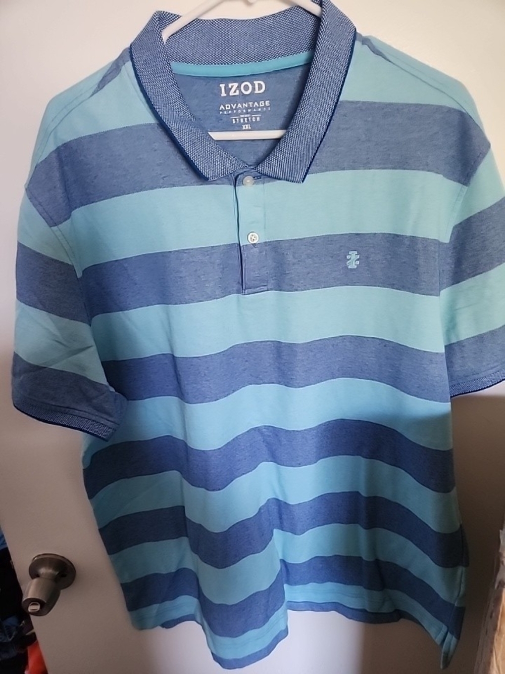 Izod Men’s Aqua and Blue Striped Polo